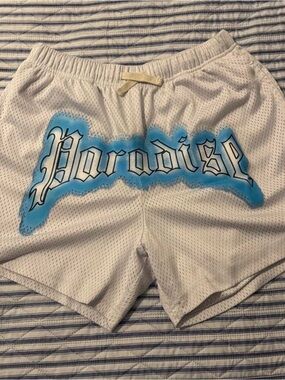 Forever 21 White Mesh Men's Shorts with Blue 'Paradise' Graphic